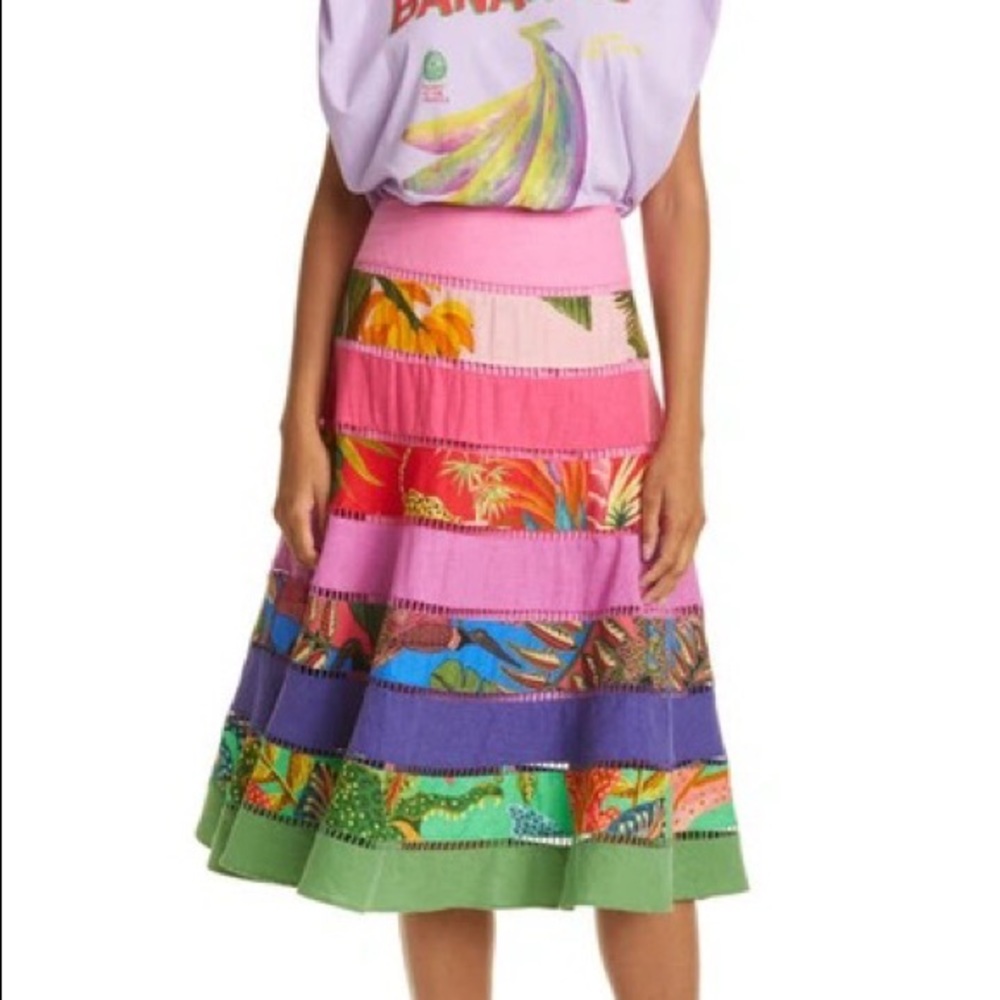 Farm Rio Rainbow Mixed Print Tiered Linen Blend Skirt In Mix Print - Picture 3 of 4